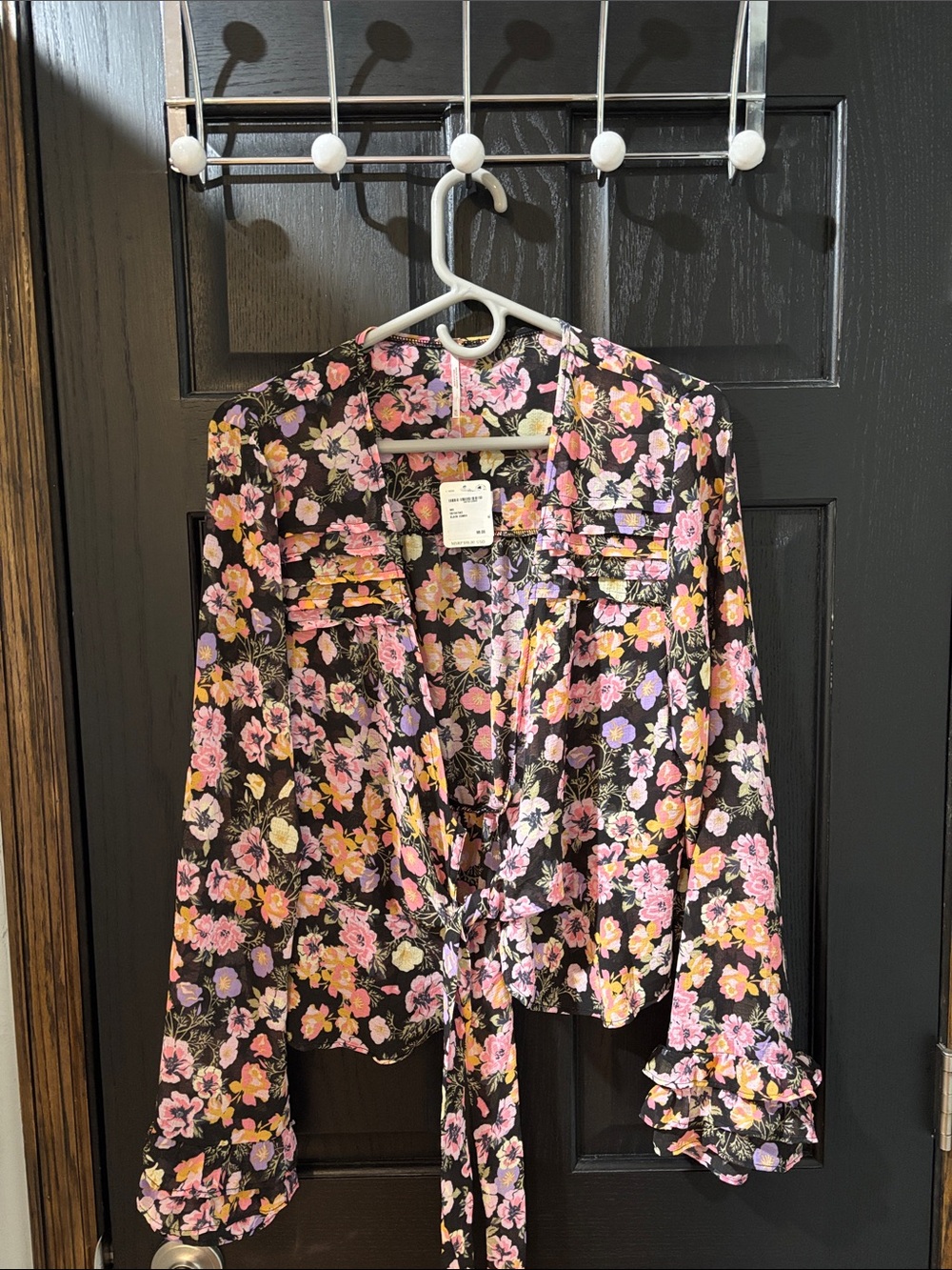 Free People Black Floral Tie-Front Blouse